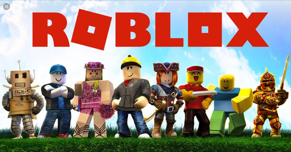 Roblox Characters and Roblox logo on the clouds